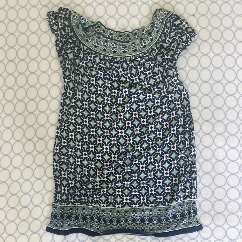 Max Studio Black, Green, and White Blouse with Geometric Print